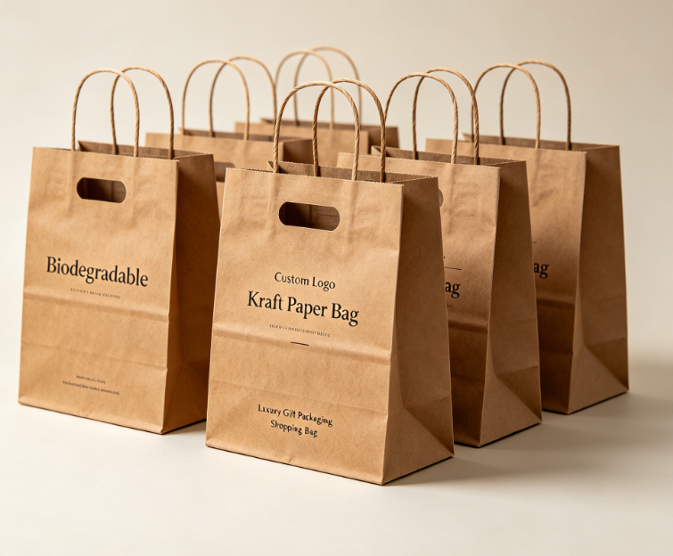 Logo personnalisé biodégradable avec poignée découpée avec des matrices sac à provisions en papier kraft