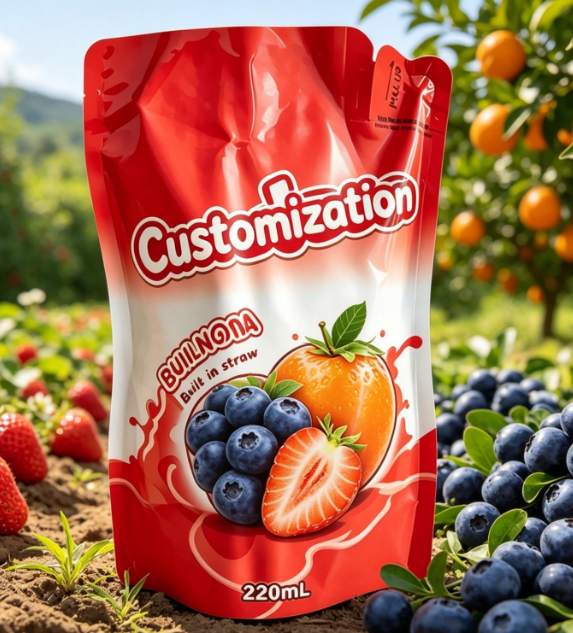 La coutume a imprimé les poches intégrées 220ml de paille pour des boissons de purée de fruit de jus