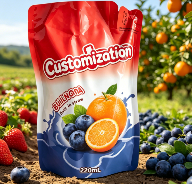 La coutume a imprimé les poches intégrées 220ml de paille pour des boissons de purée de fruit de jus
