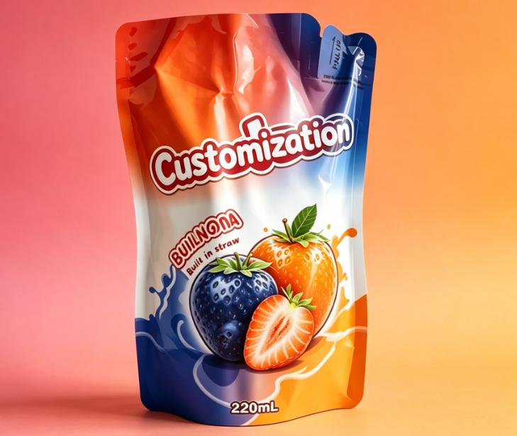 La coutume a imprimé les poches intégrées 220ml de paille pour des boissons de purée de fruit de jus