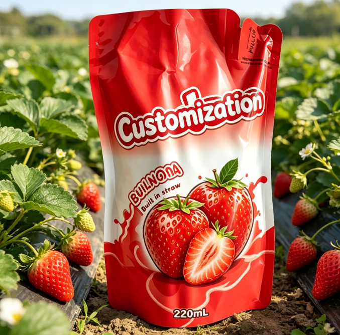La coutume a imprimé les poches intégrées 220ml de paille pour des boissons de purée de fruit de jus