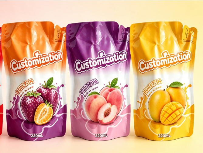 Sachets à presser en paille intégrés multi-saveurs de 220 ml, sacs d'emballage personnalisés pour purée de fruits et jus