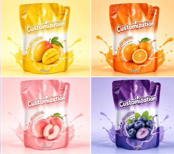 Sachets à presser en paille intégrés multi-saveurs de 220 ml, sacs d'emballage personnalisés pour purée de fruits et jus