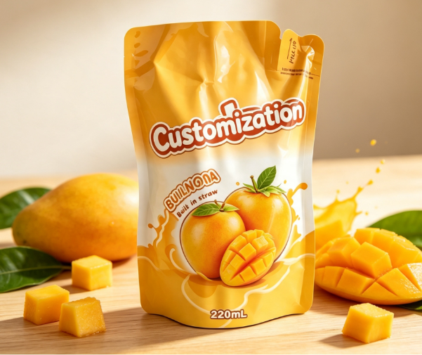 Sachets à presser en paille intégrés multi-saveurs de 220 ml, sacs d'emballage personnalisés pour purée de fruits et jus