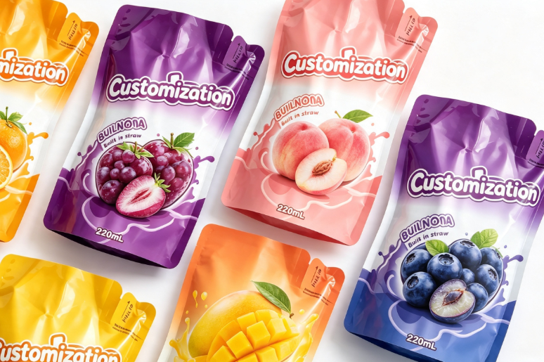 Sachets à presser en paille intégrés multi-saveurs de 220 ml, sacs d'emballage personnalisés pour purée de fruits et jus