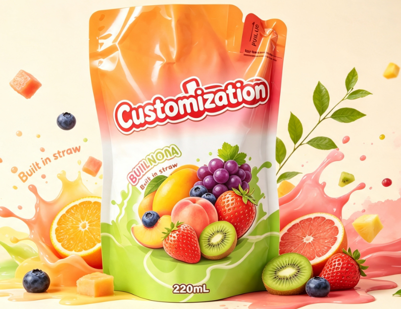 Sacs d'emballage de boissons imprimés par coutume de poches de paille intégrées de jus de fruit mélangé 220ml