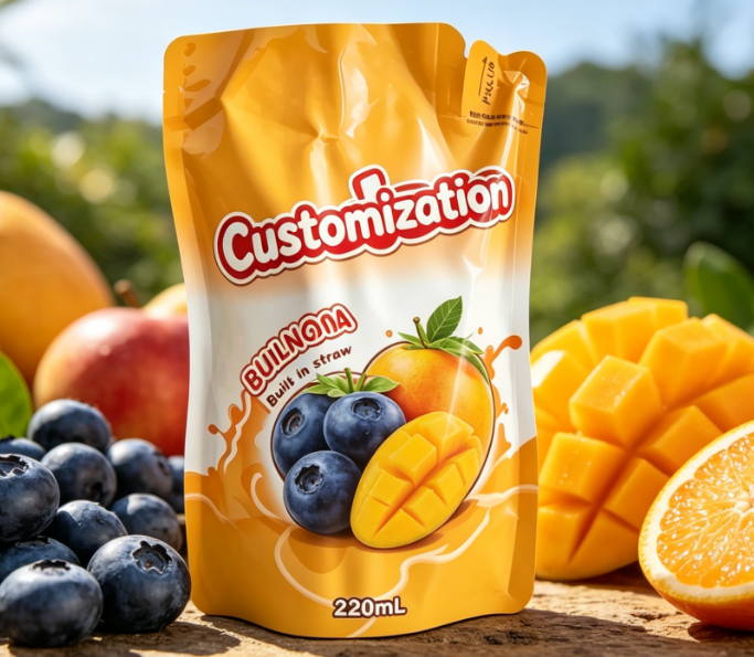 Sacs d'emballage de boissons imprimés par coutume de poches de paille intégrées de purée de fruit de la mangue 220ml